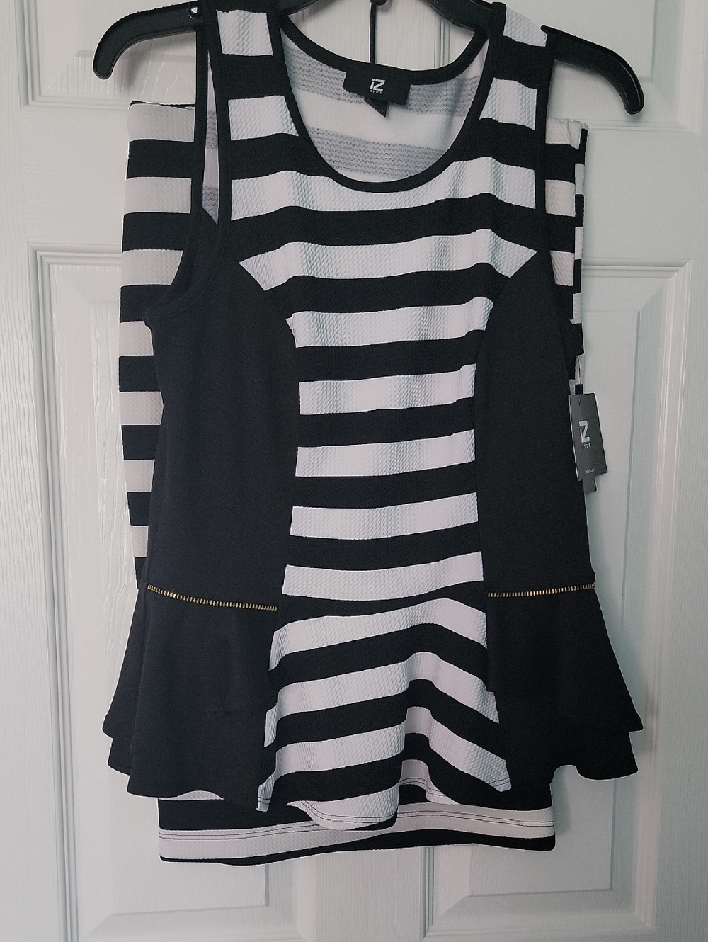 Iz Byer Black and White Striped Peplum Tank